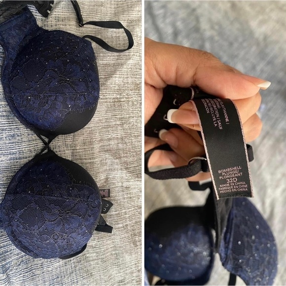 VICTORIA'S Secret blue lace and black bombshell plunge bra 32D - Picture 4 of 6